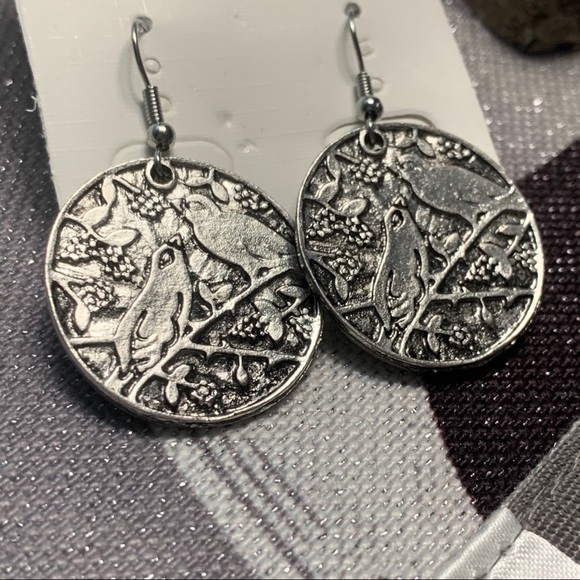 Antiqued Silver Birds Tree Branch Coin Earrings - Picture 8 of 8